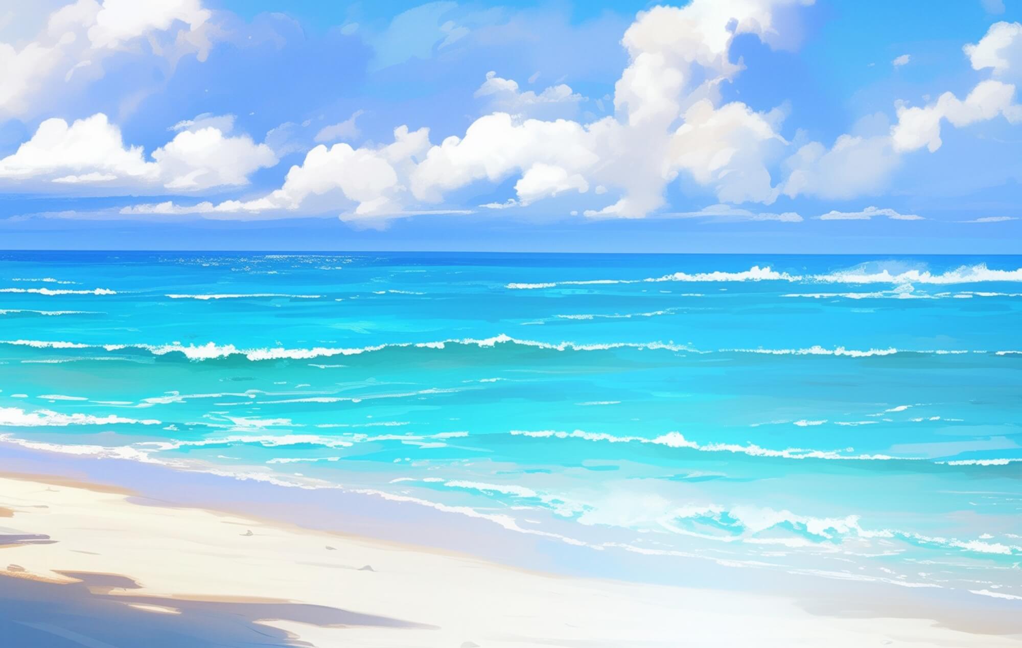 青く輝く海と白い砂浜の美しいビーチ風景。