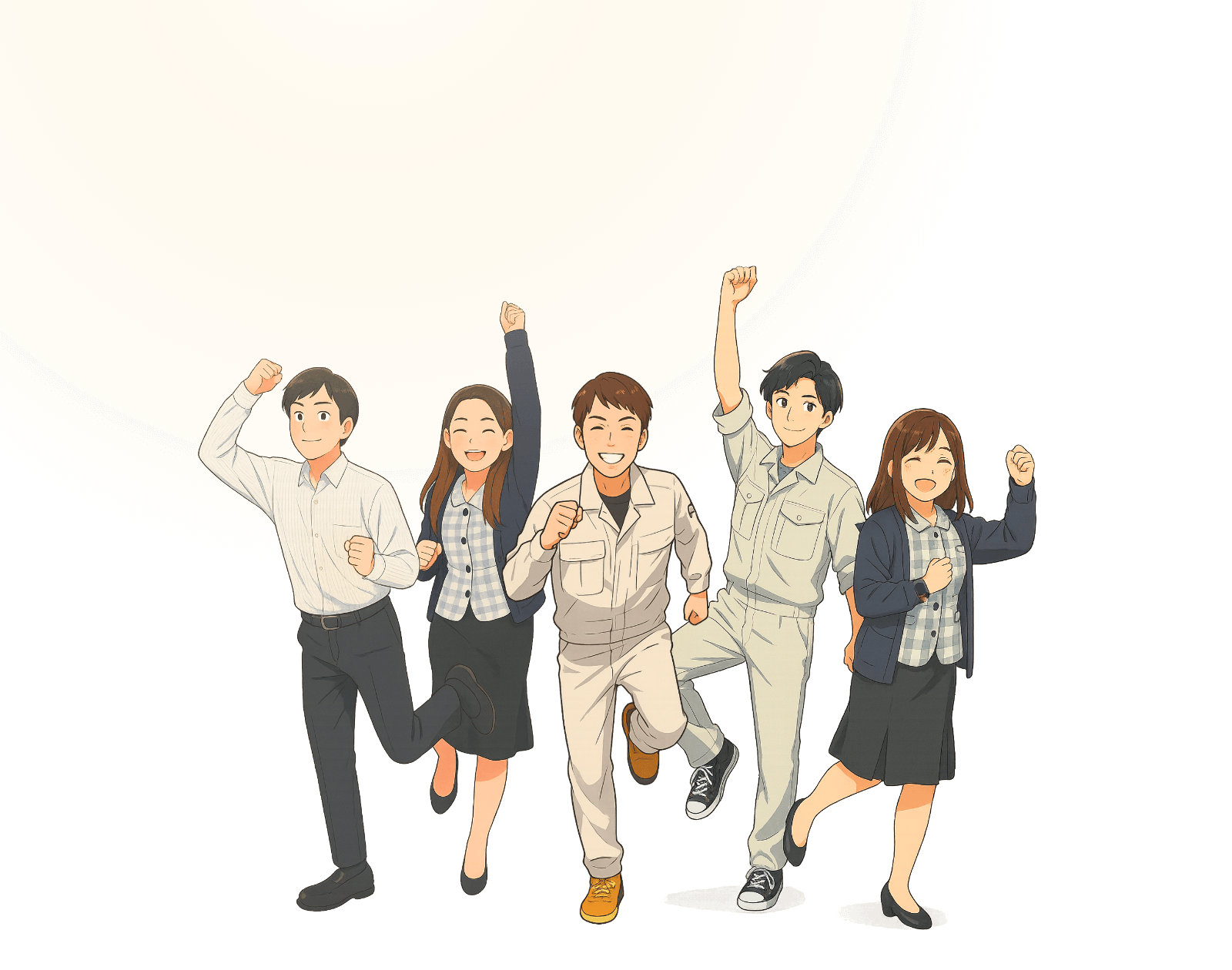 明るい太陽の下で元気に走る若いビジネスパーソンのグループ