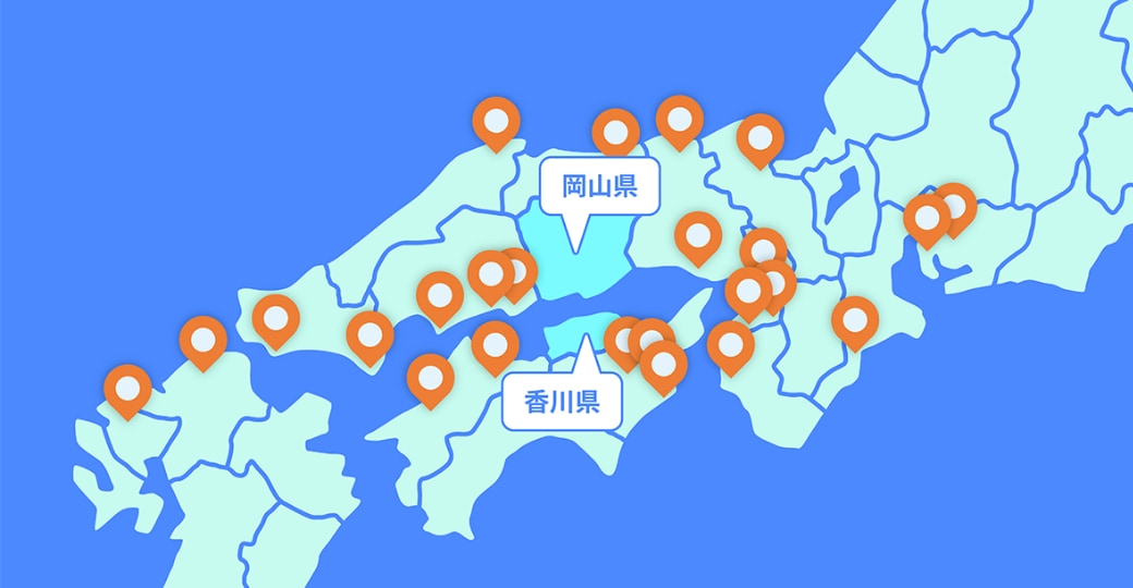 日本の岡山県と香川県の地図と主な場所のピン表示。