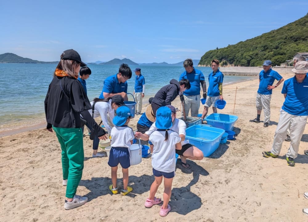 海辺で子供と大人が一緒に海の生き物を観察している様子。