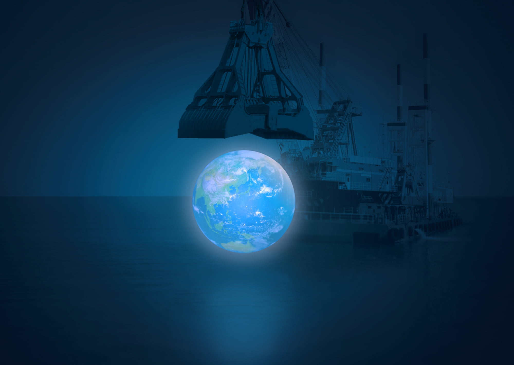 大きな青い地球が海の上に浮かんでいる様子を示す画像です。
